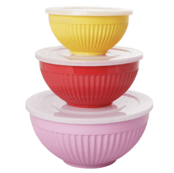 Rice, 3 melaminboller med lokk , red, pink and yellow