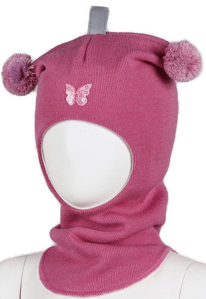 Kivat, mørk rosa hettelue i ull med sommerfugl