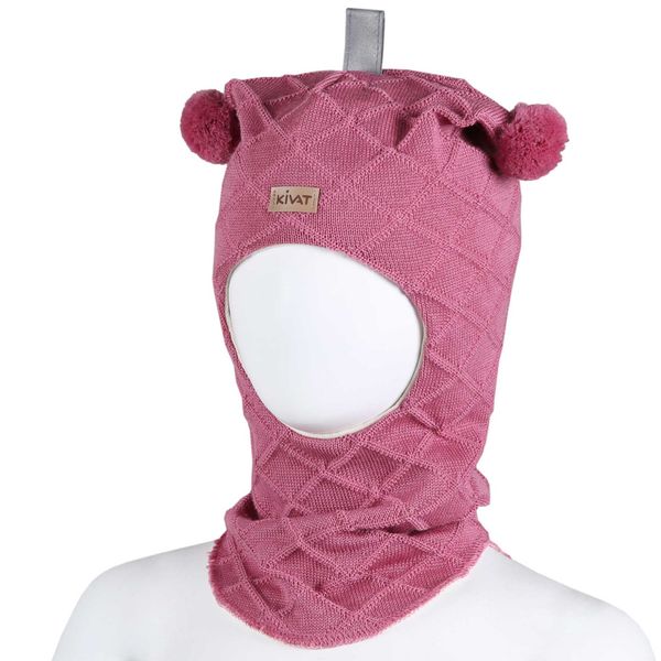 Kivat, mørk rosa hettelue i ull , strukturmønster og kivatlogo