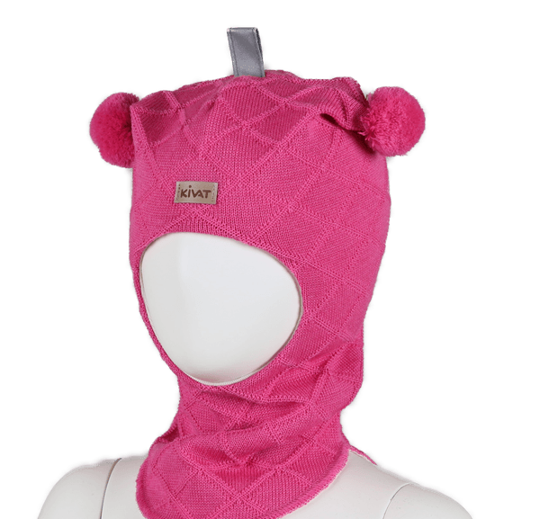 Kivat, bringebær hettelue i ull , strukturmønster og kivatlogo